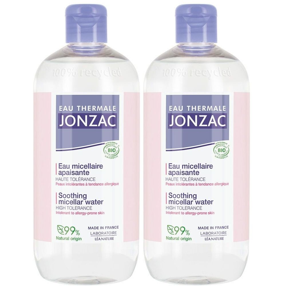 Deux flacons transparents avec bouchon bleu. Étiquette "JONZAC Eau Thermale". Texte : "Eau micellaire apaisante", "Soothing micellar water". Label "BIO".