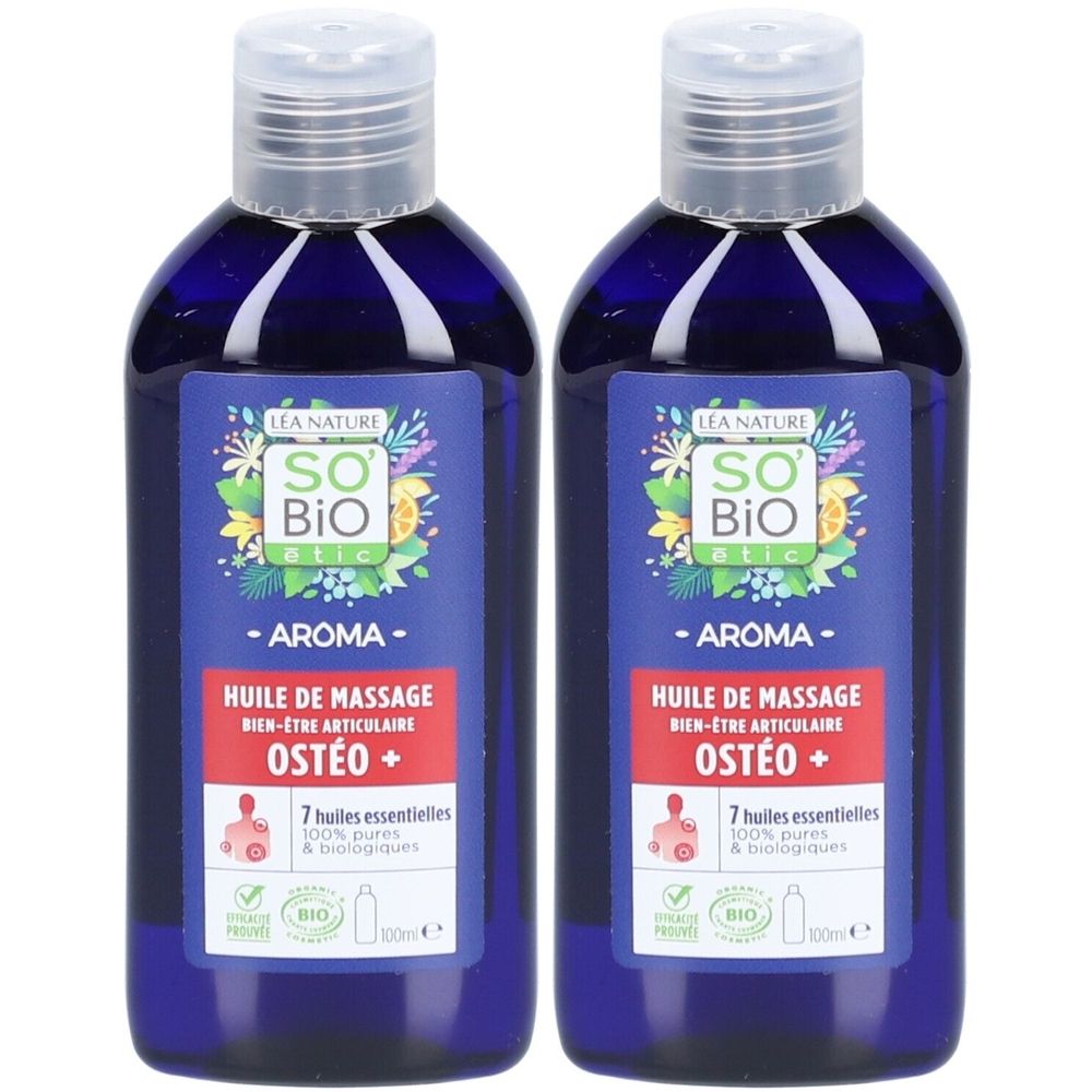 Twee blauwe flessen SO BIO ETIC massageolie. Opschrift: Huile de Massage Ostéo+. Bevat 7 essentiële oliën. Bio-certificering.