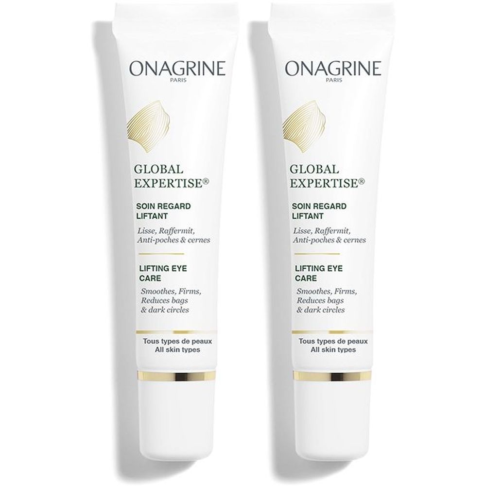 Twee tubes oogverzorging. Wit, met gouden accenten. Opschrift: ONAGRINE, GLOBAL EXPERTISE, SOIN REGARD LIFTANT, LIFTING EYE CARE.