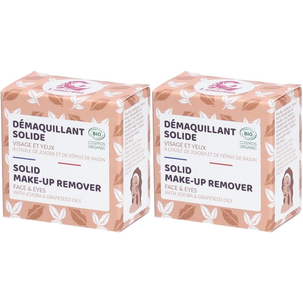 Deux boîtes carrées avec l'inscription "Démaquillant Solide". Contient une certification bio et des informations produit.