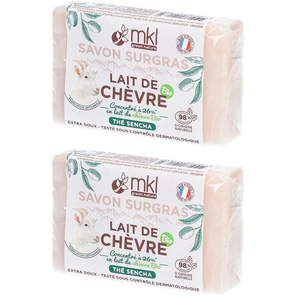 Twee zeepjes verpakt in folie. Op de verpakking: merk mkl, geitenmelk, Thé Sencha, bio-label, 98% natuurlijke ingrediënten.