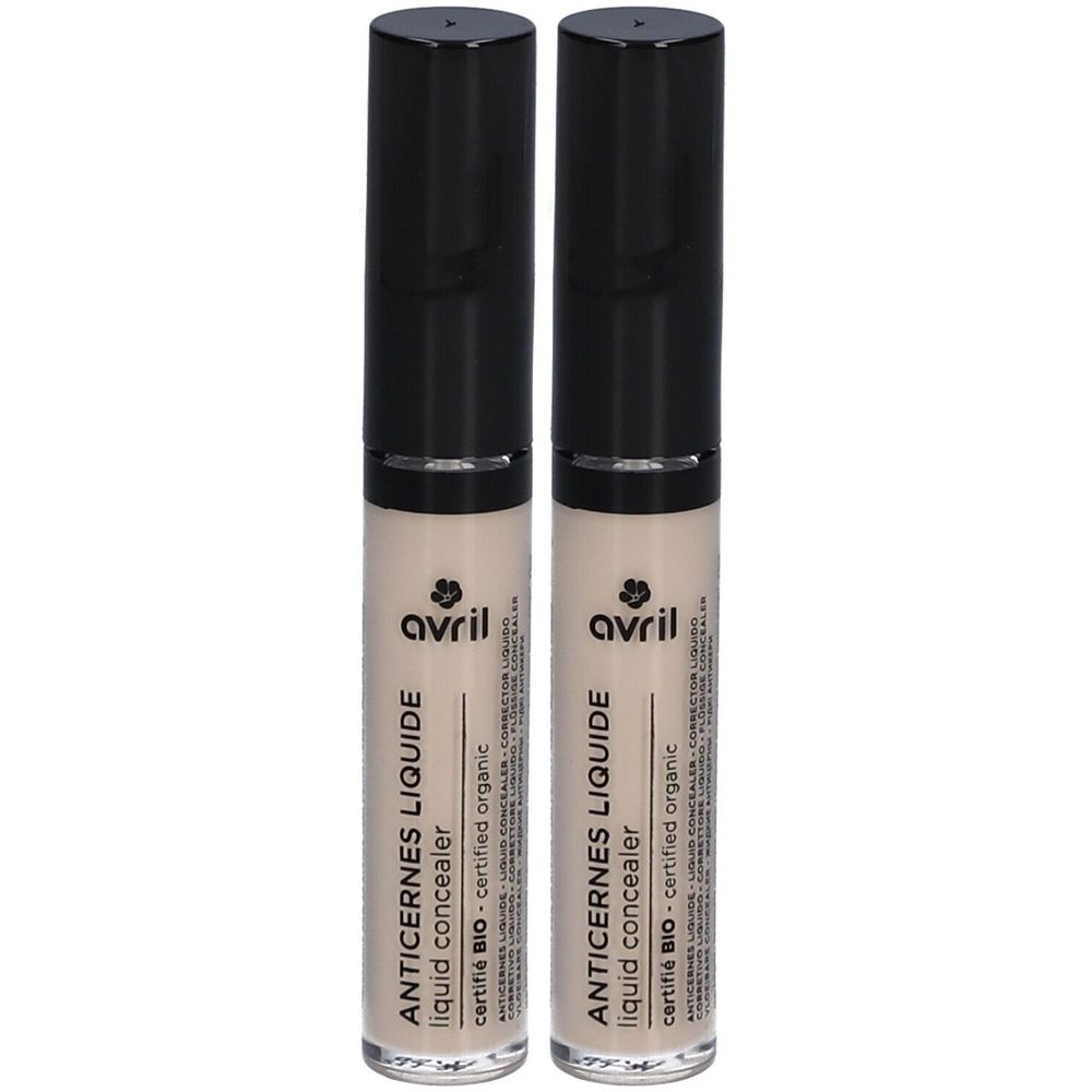 Twee vloeibare concealers. Zwarte dop, transparante tube met beige inhoud. Opschrift: Avril, Anticernes Liquide, gecertificeerd Bio.