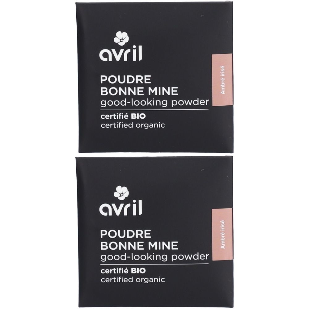 Twee zwarte poederverpakkingen. Opschrift: Avril, Poudre Bonne Mine, good-looking powder, certifié BIO, Ambre irisé.
