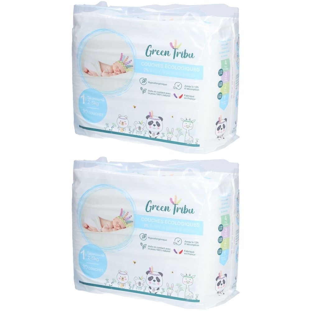 Twee pakken luiers. Opschrift: Green Tribu, eco-luiers, pasgeborene, 2-5 kg. Verpakking met baby-illustratie en dieren.