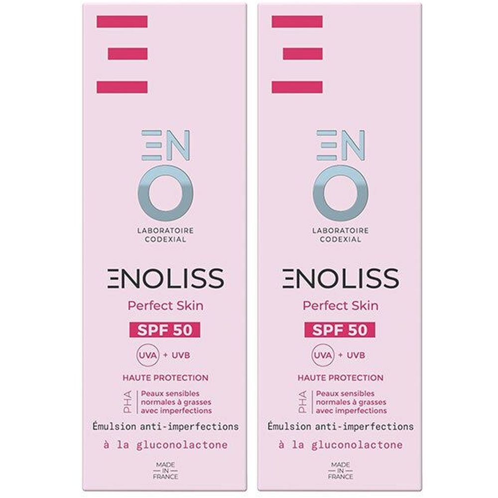 Deux emballages ENOLISS Perfect Skin SPF50. Emballage rose avec texte blanc. Protection UVA/UVB, pour peaux sensibles et grasses.