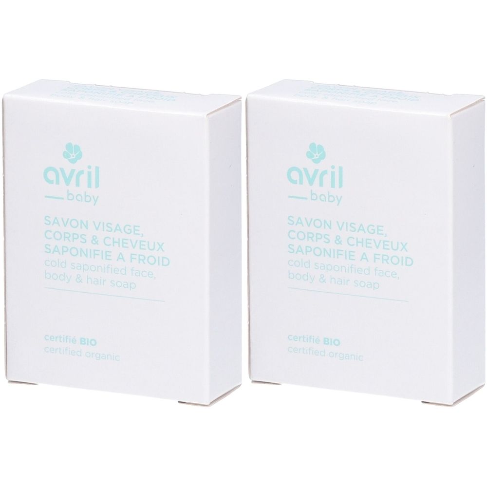 Deux boîtes blanches. Inscription : avril baby, Savon Visage, Corps & Cheveux, Saponifié à froid. Certifié Bio.
