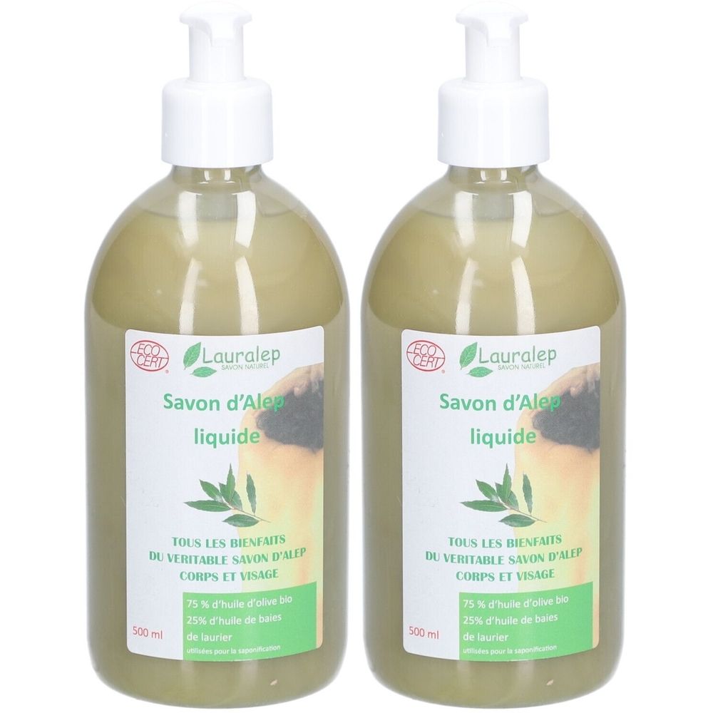 Twee flessen vloeibare zeep met witte dispenser. De etiketten tonen "Lauralep Savon d'Alep liquide".