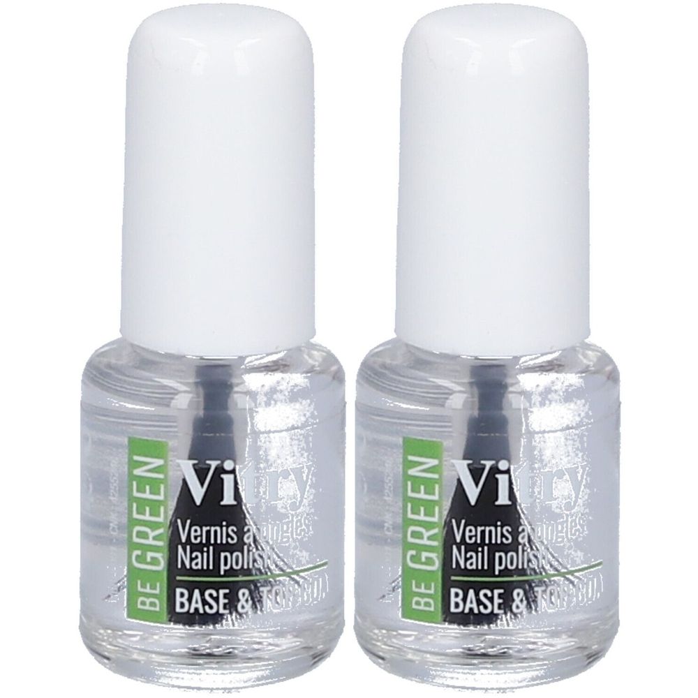 Deux flacons de vernis à ongles transparents. Flacons en verre avec bouchons blancs. Inscription: Vi, BE GREEN, BASE & TOP COAT.