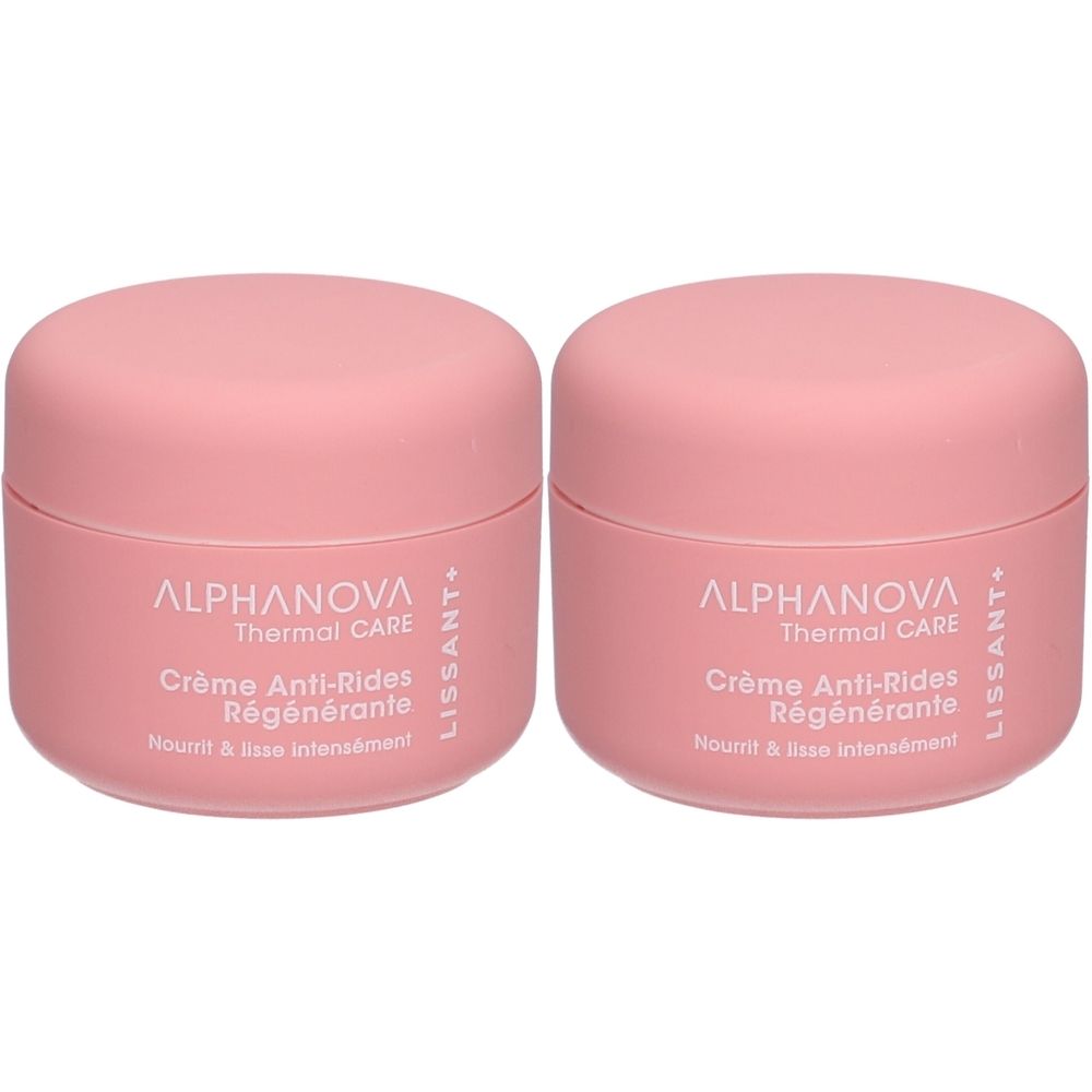 Deux pots roses avec couvercles. Sur le devant, on lit "ALPHANOVA Thermal CARE Crème Anti-Rides Régénérante".