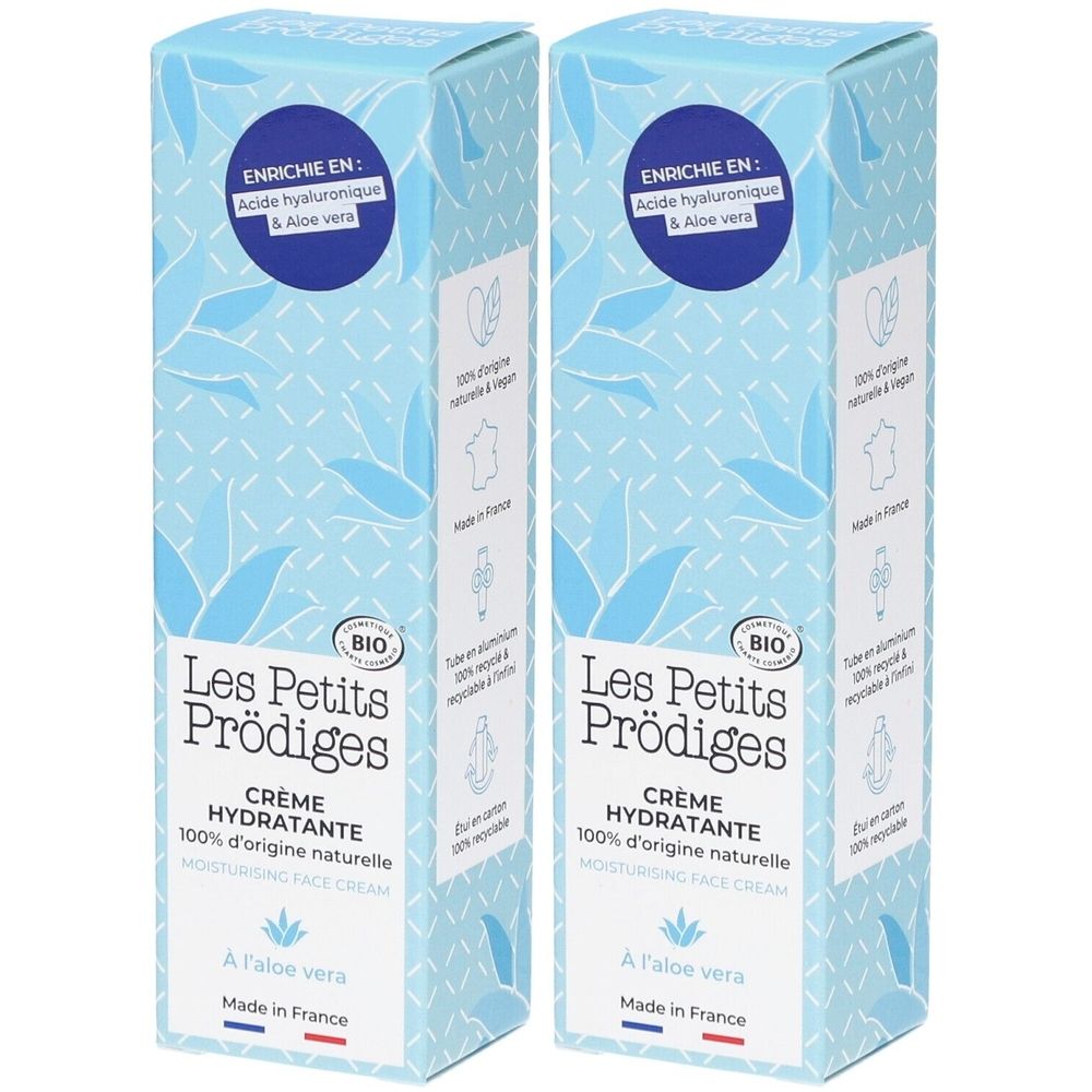 Deux boîtes rectangulaires de crème. Inscription : Les Petits Prodiges Crème Hydratante, 100% d'origine naturelle, Aloe vera, Fabriqué en France.