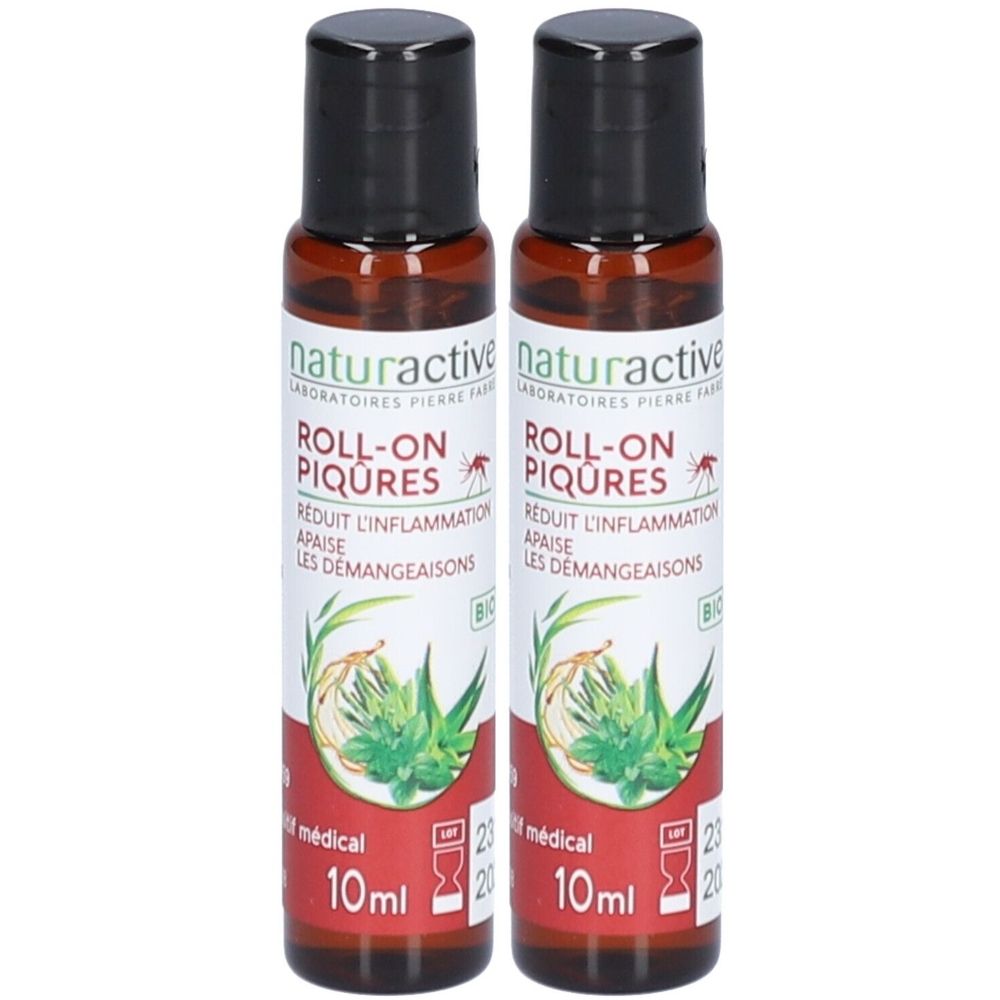 Deux flacons roll-on. Flacons en verre brun avec bouchon noir. Inscription : Naturactive Roll-On Piqûres. 10 ml.