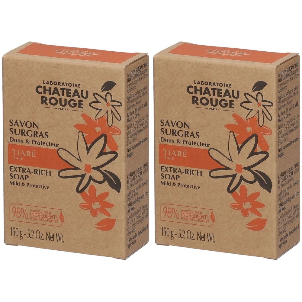 Deux boîtes de savon rectangulaires. Inscription : CHÂTEAU ROUGE, SAVON SURGRAS TIARÉ, EXTRA-RICH SOAP. 98% ingrédients.