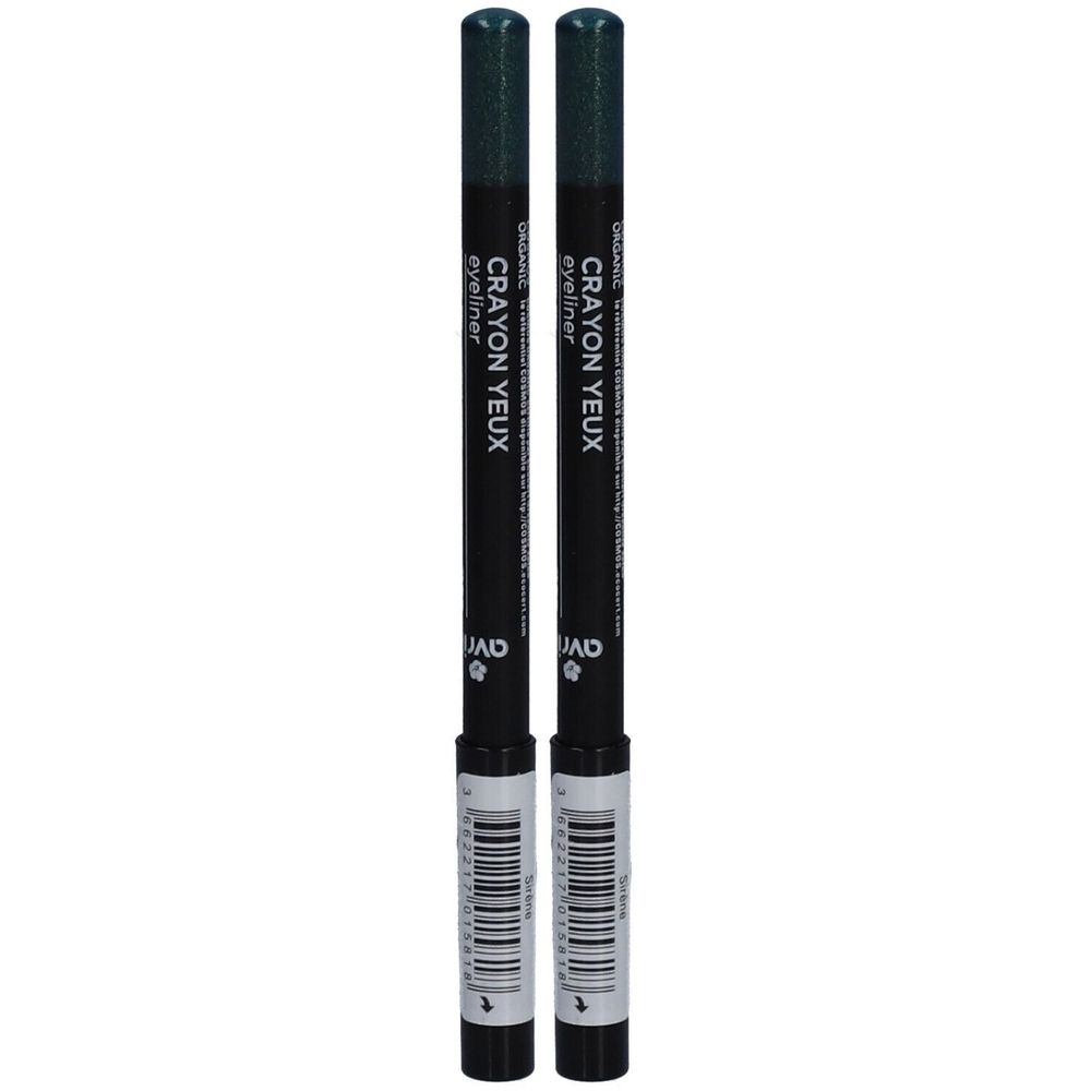 Twee zwarte oogpotloden. Opschrift: CRAYON YEUX eyeliner. Met barcode en logo.