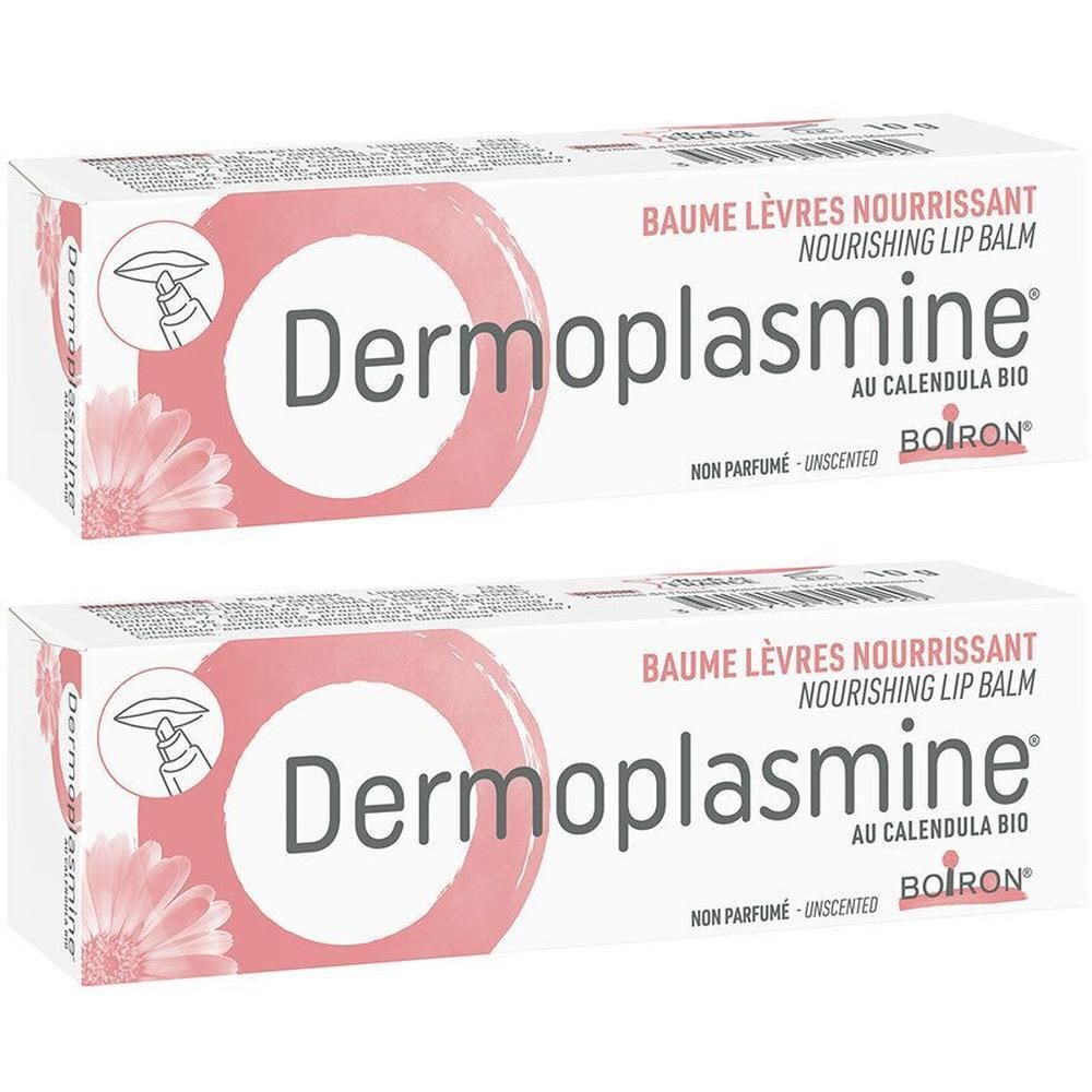 Deux boîtes de Baume Lèvres Nourrissant Dermoplasmine®. Emballage blanc avec cercle rose et texte. Marque Boiron. Inscription: Non parfumé.