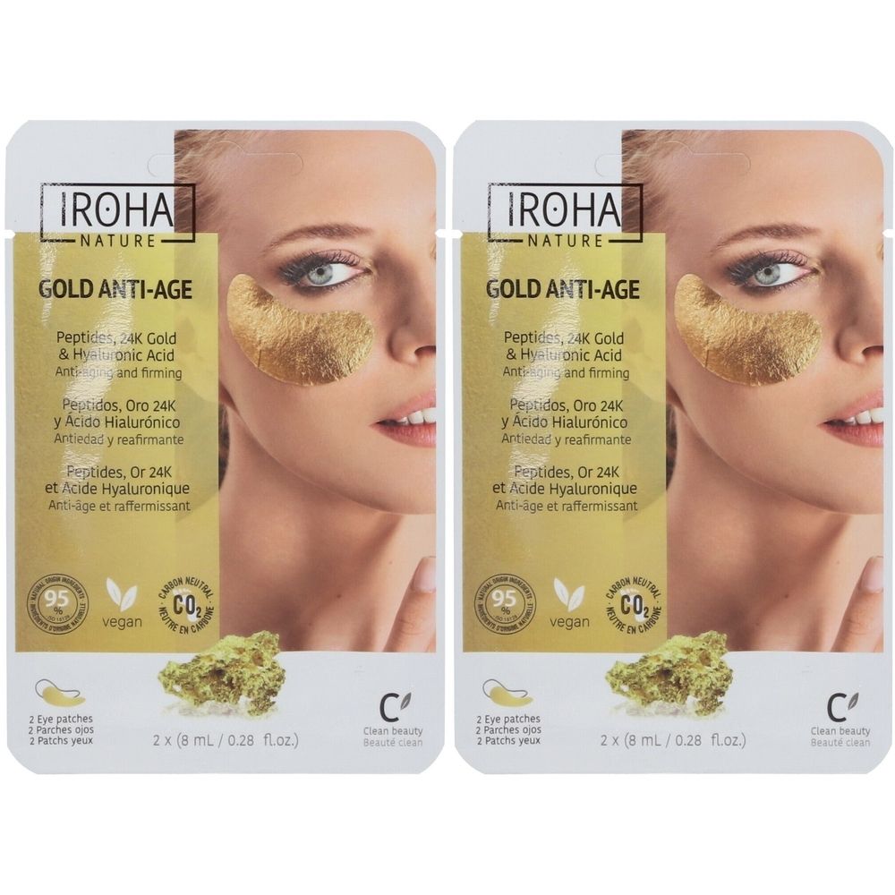 Twee verpakkingen oogpatches. Op elke verpakking een vrouw met gouden oogpatches. Tekst: IROHA NATURE, GOLD ANTI-AGE.
