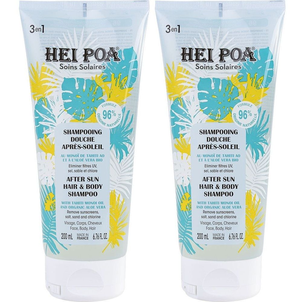 Twee tubes HEI POA After Sun Shampoo. Wit-transparante flessen met bloemmotieven en productinformatie.