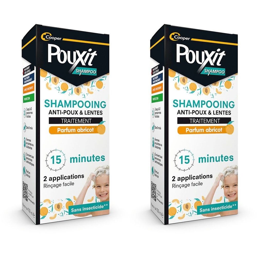 Deux boîtes de shampooing Pouxit. Anti-poux et lentes. Parfum abricot. 15 minutes. 2 applications. Sans insecticide.