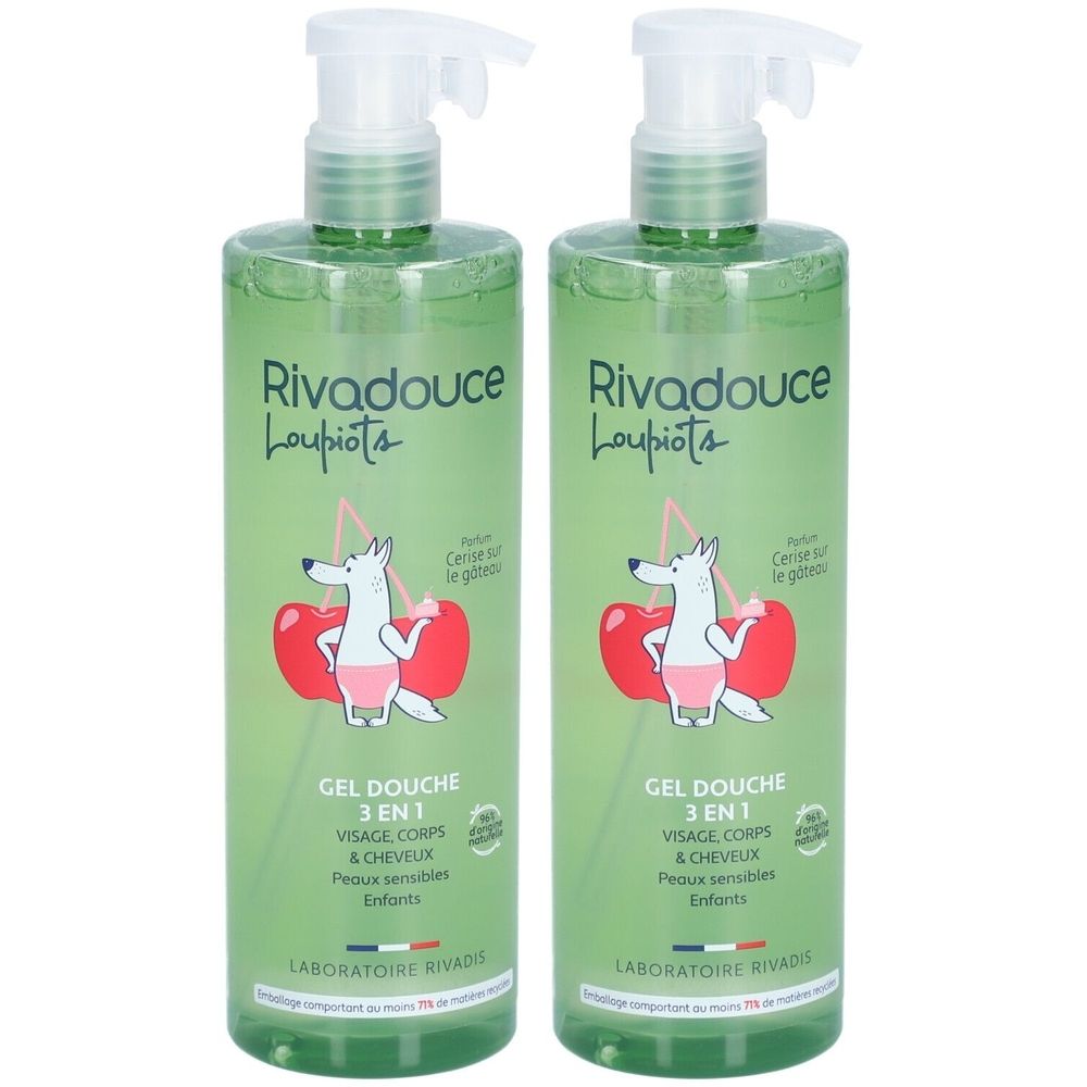 Twee groene flessen Rivadouce Gel Douche 3-in-1. Opschrift: Gel Douche, 3 en 1, Visage, Corps & Cheveux. Illustratie van een wolf en kersen.