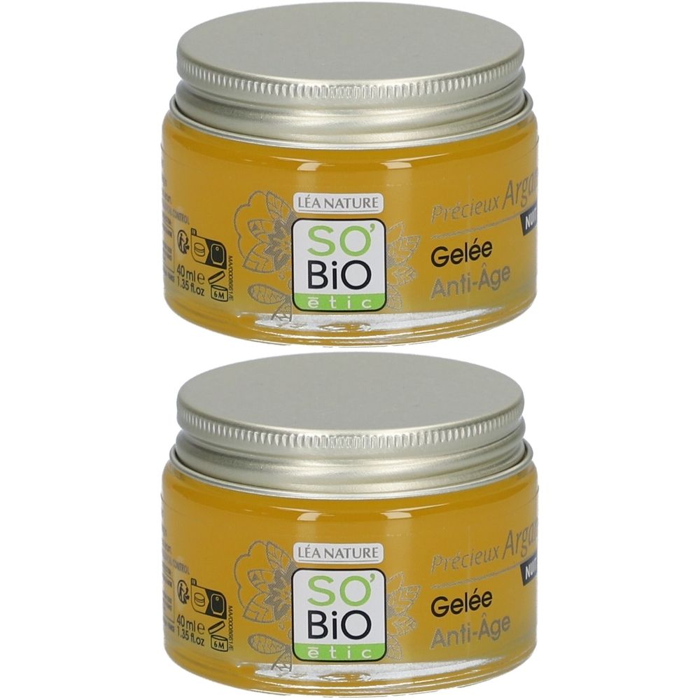 Deux pots de SO BIO ETIC Gelée de Nuit Anti-Age. Pots ronds avec couvercles argentés. Liquide jaune visible. Texte: Gelée Anti-Age.