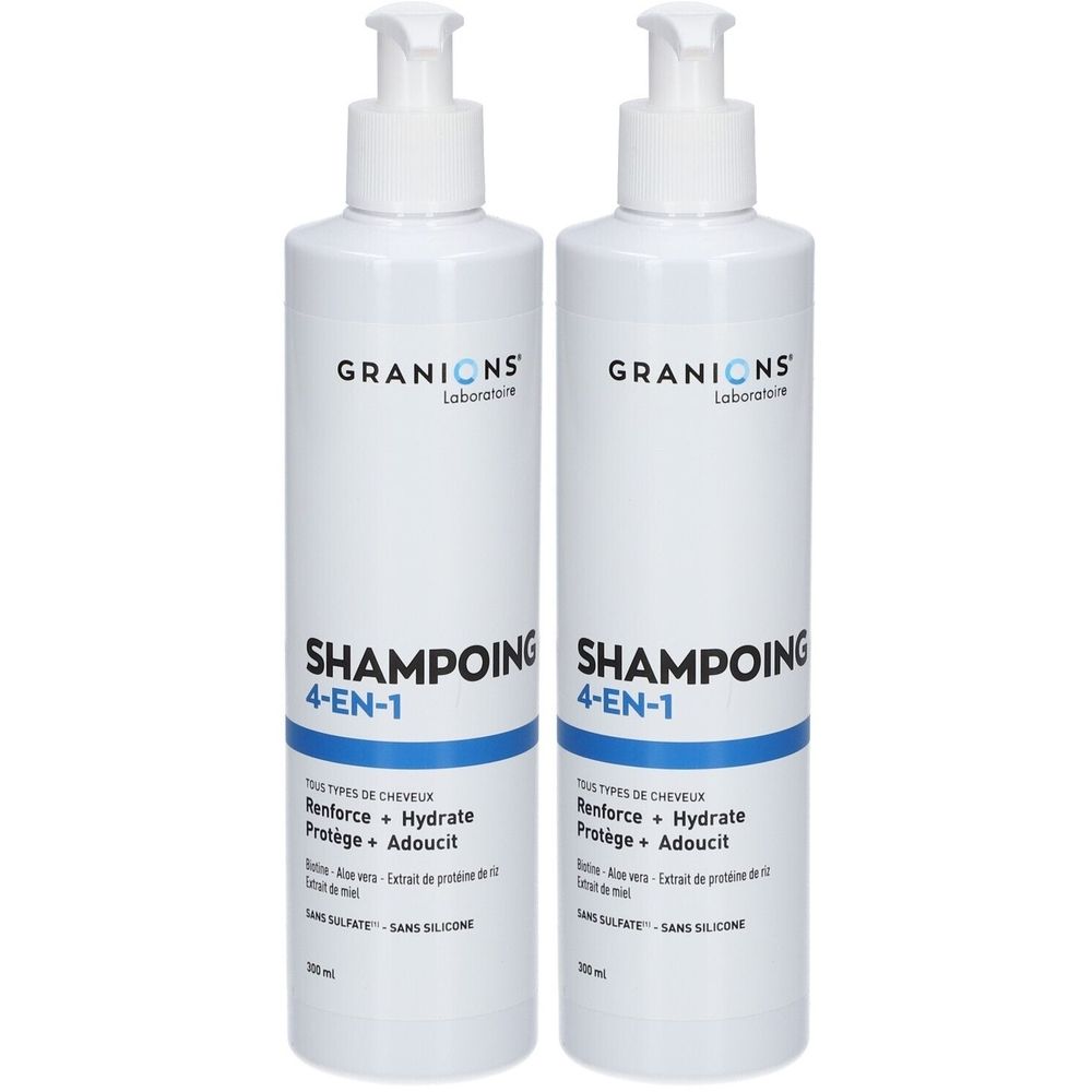 Twee witte flessen met pomp. Opschrift: GRANIONS, SHAMPOING 4-EN-1. Blauwe strepen en tekst.