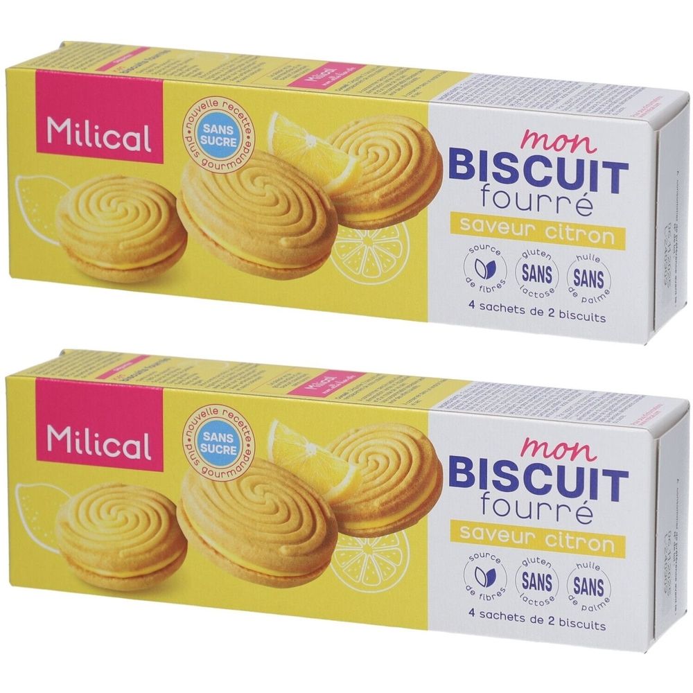 Milical Mon Biscuit Fourré Citroen: Twee pakken koekjes, elk met 4 zakjes van 2 koekjes.