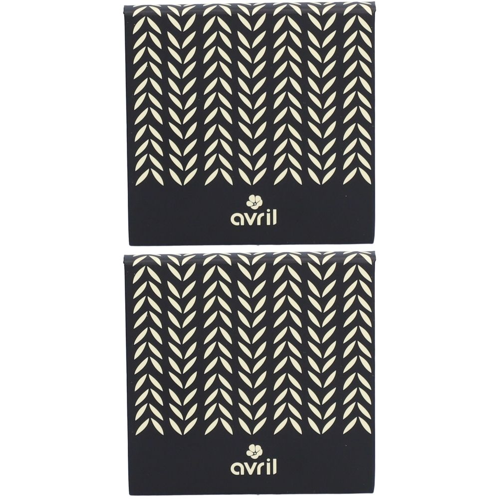Deux palettes noires avec motif de feuilles blanches. Marque "avril" en bas.