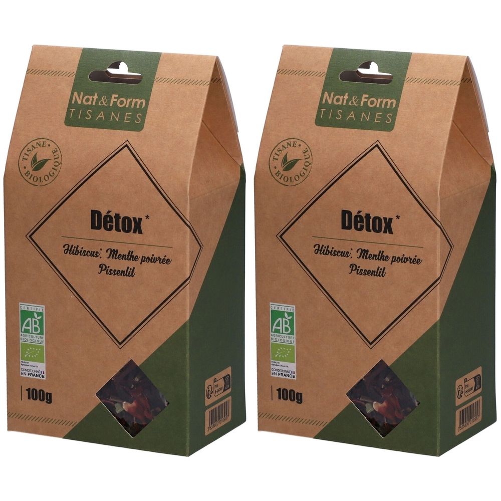 Twee pakken Nat&Form Bio Detox thee, elk 100g. Met hibiscus, pepermunt, paardenbloem.