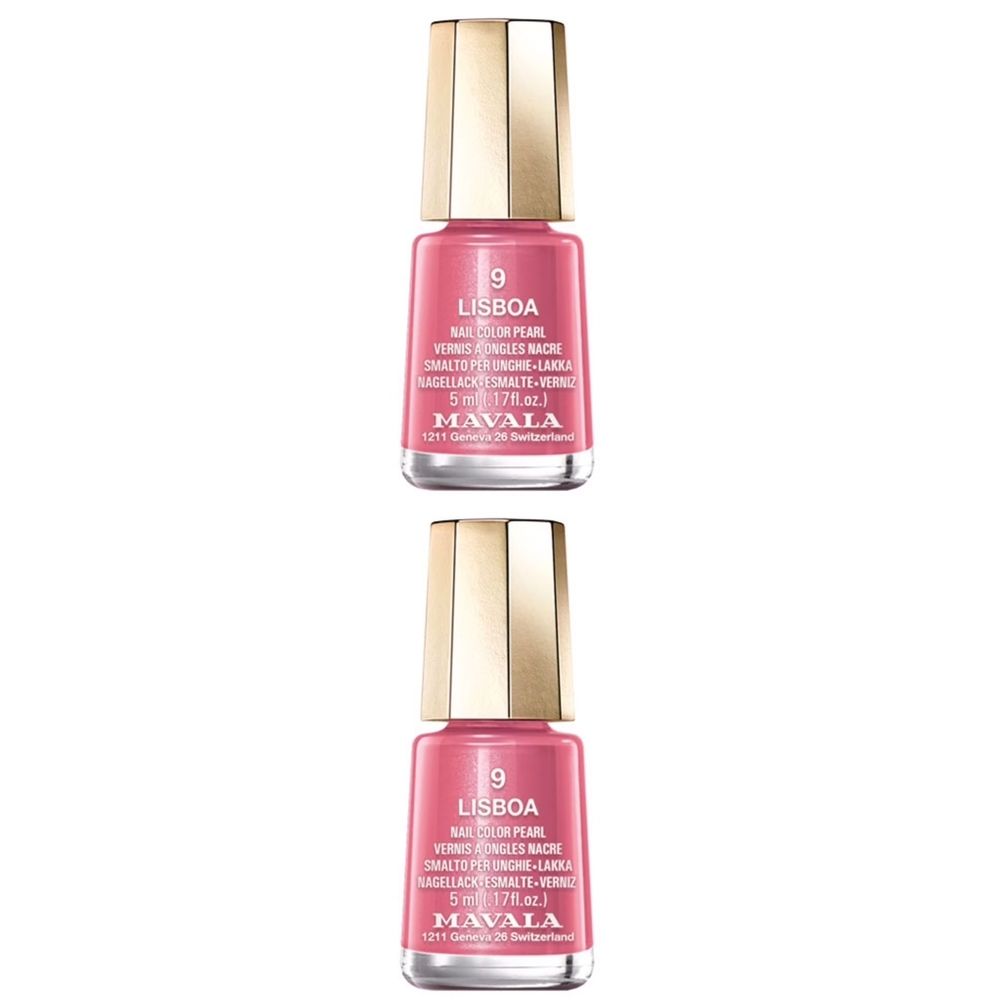 Twee roze nagellakflesjes, gouden dop. Opschrift: Lisboa, Mavala.