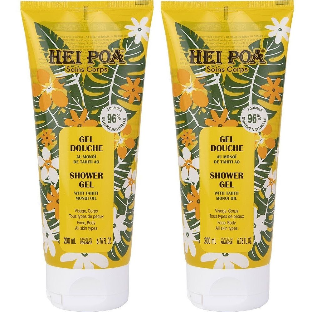 Twee tubes douchegel. Gele verpakking met bloemmotief en productinformatie. Merk: HEI POA. Inhoud: 200 ml.