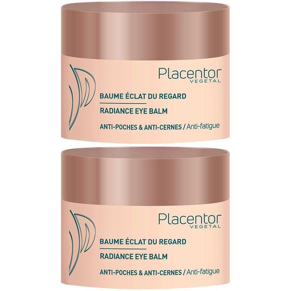 Twee ronde potten. Opschrift: BAUME ÉCLAT DU REGARD, RADIANCE EYE BALM, ANTI-POCHES & ANTI-CERNES. Merk: Placentor Vegetal.