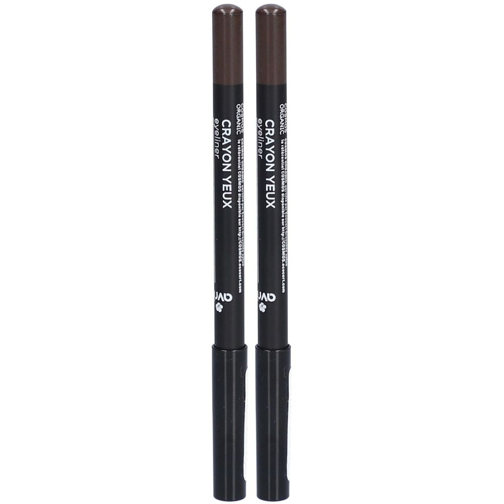 Deux crayons yeux noirs avec pointes marron. Inscription: Crayon Yeux, Eyeliner. Marque Avril.