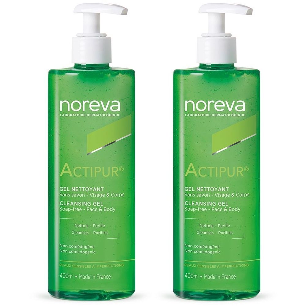 Twee groene flessen met witte pomp. Op elke fles staat "Noreva Actipur Gel Nettoyant". 