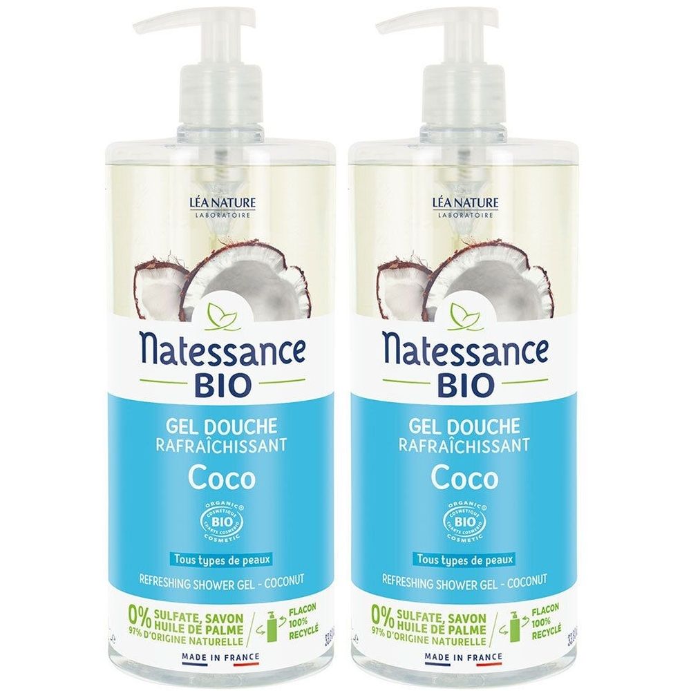 Twee douchegel flessen met pomp. Opschrift: Natessance BIO, Gel Douche, Coco. Met kokosnoot illustratie en bio-label. Franse opschriften.