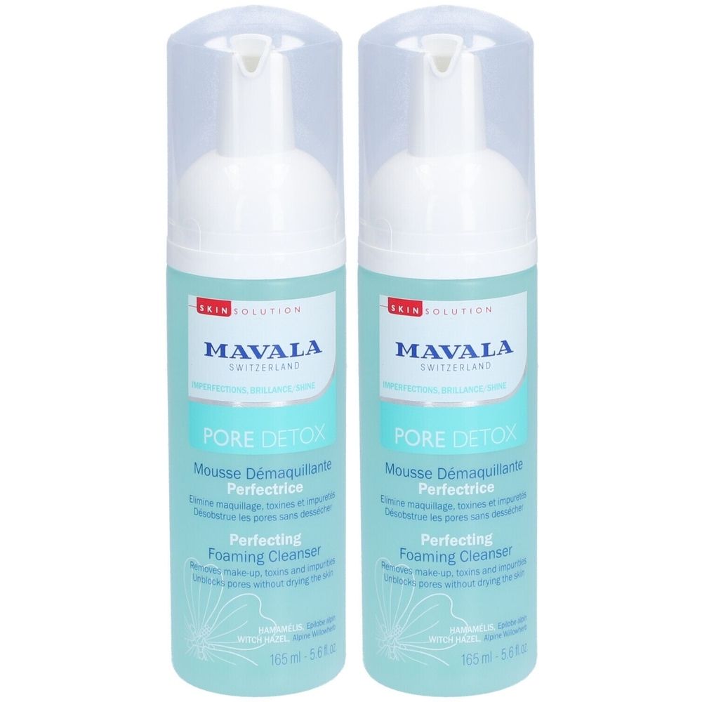 Twee flessen met witte pompspray. Opschrift: MAVALA PORE DETOX, Perfecting Foaming Cleanser. Lichtblauwe vloeistof zichtbaar.