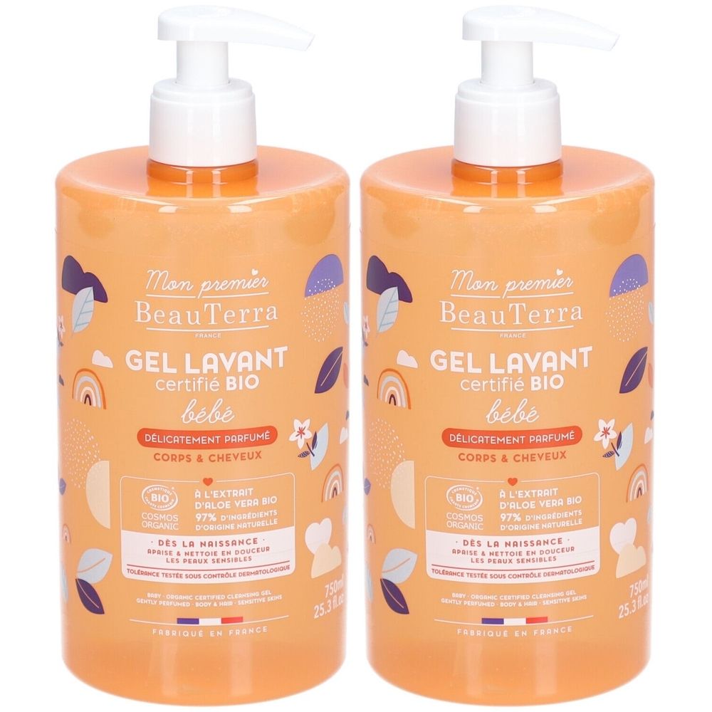 Twee flessen babywasgel met pomp. Opschrift: "GEL LAVANT certifié BIO bébé". Oranje etiket met illustraties.