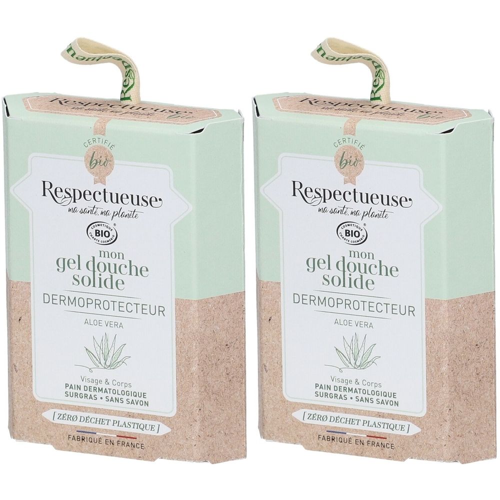 Twee rechthoekige verpakkingen met productinformatie. Opschrift: "Respectueuse", "mon gel douche solide", "DERMOPROTECTEUR".