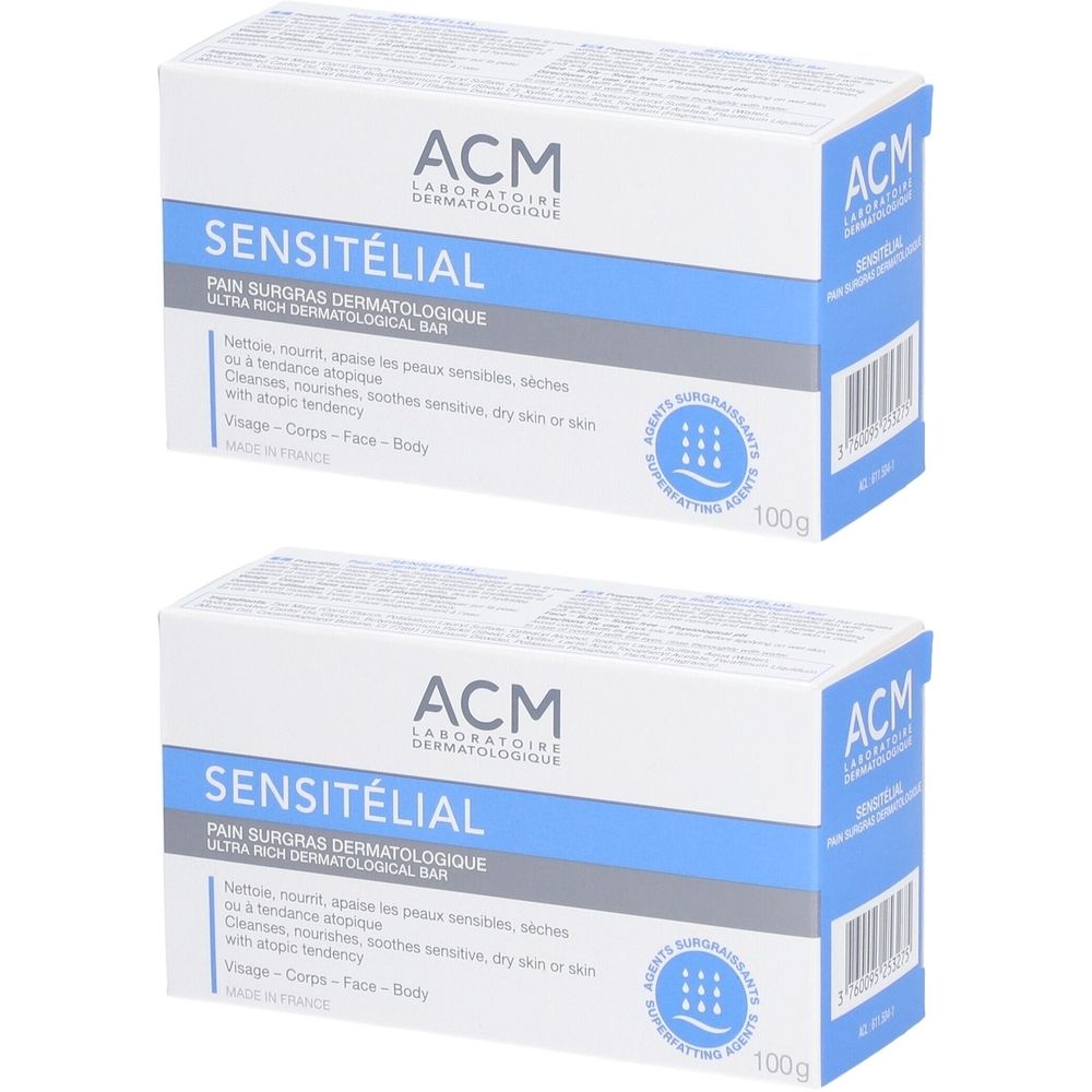 Twee dozen ACM Sensitélial. Witte verpakking met blauwe tekst. Pain surgras dermatologique. 100g.