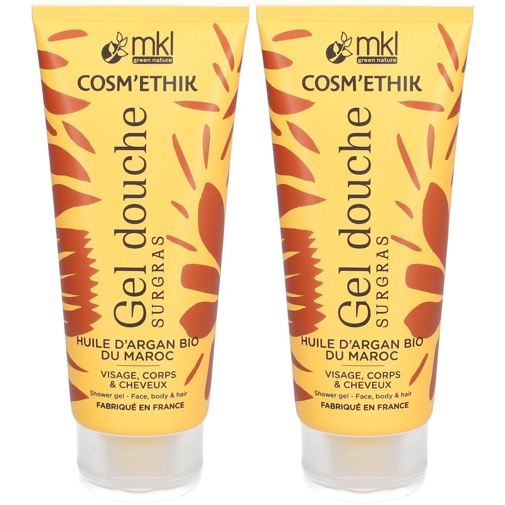 Deux tubes de gel douche jaune avec motifs floraux bruns. Texte: COSM'ETHIK, Gel douche, Huile d'Argan Bio du Maroc, Visage, Corps & Cheveux.