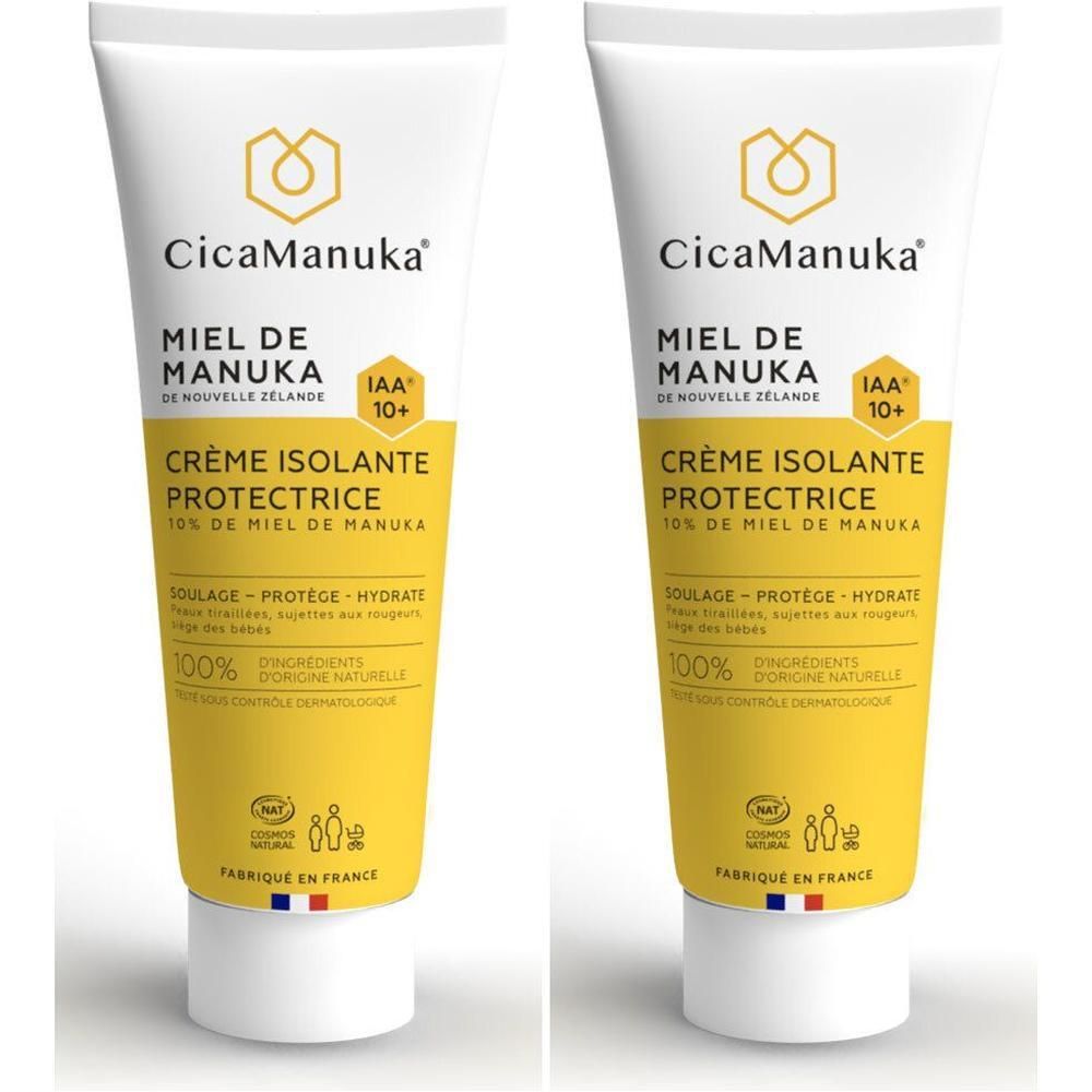 Twee tubes CicaManuka Crème Isolante. Witte tubes met gele etiketten. Tekst: Miel de Manuka, Crème Protectrice, IAA 10+.