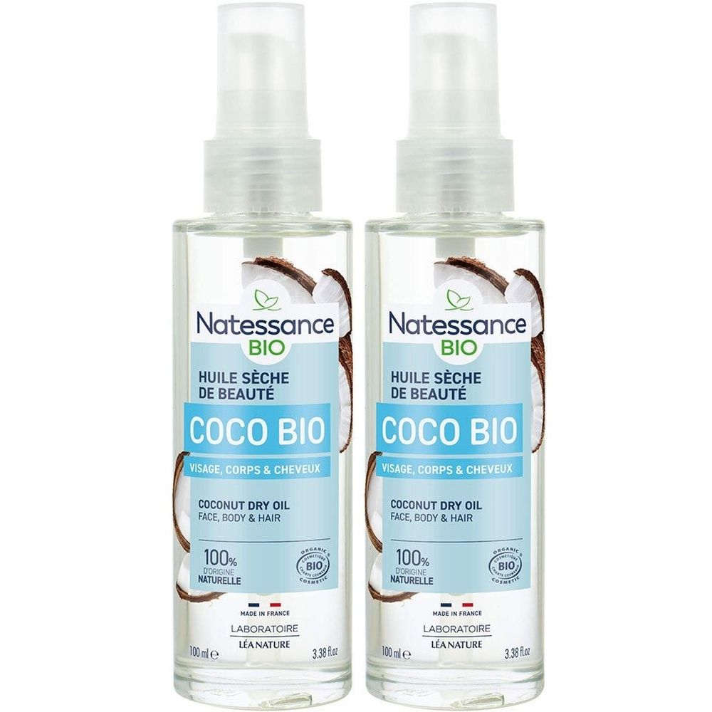 Deux flacons spray avec étiquette. Inscription: Natessance BIO, Coco Bio, pour visage, corps et cheveux. 100% naturel.