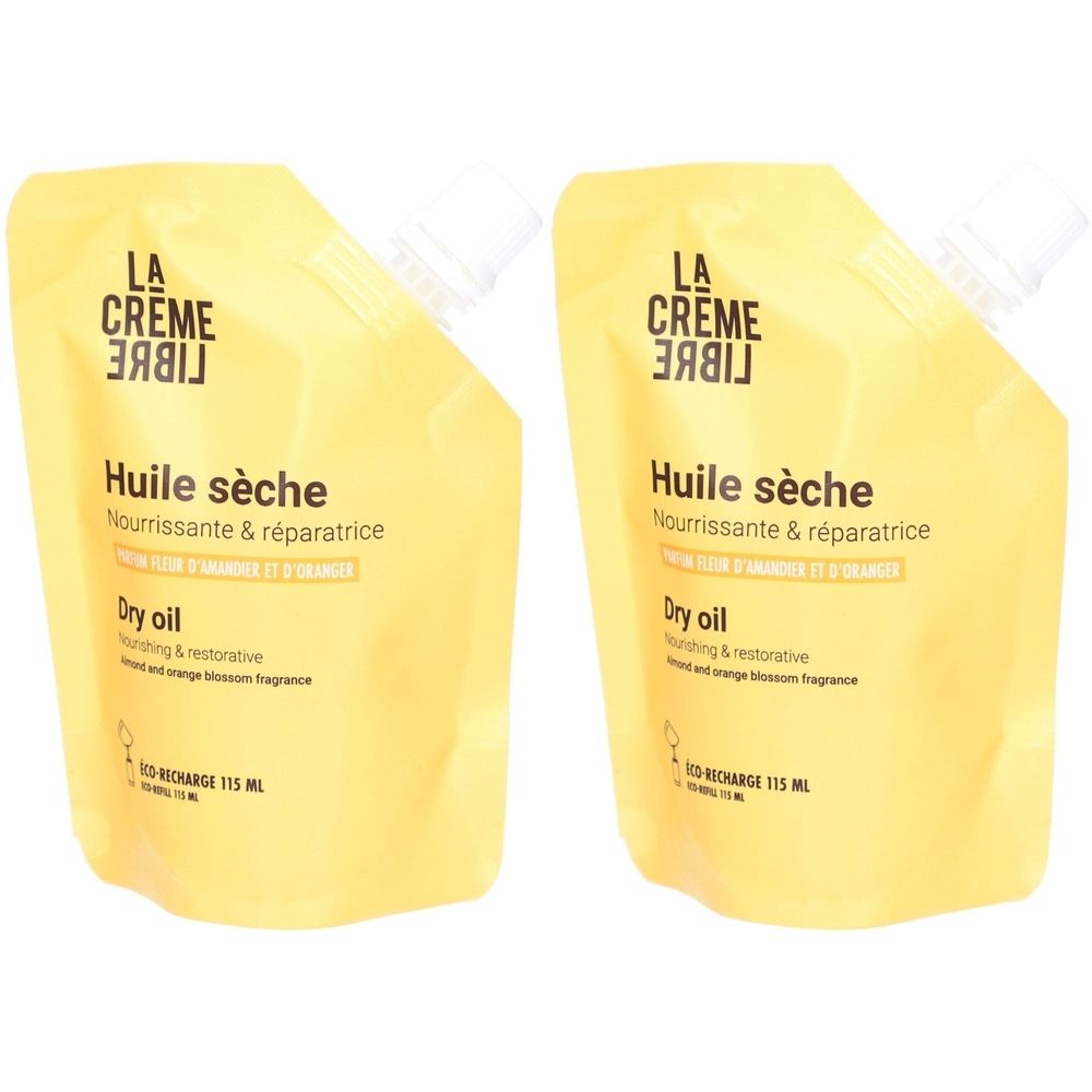 Twee gele navulverpakkingen met witte dop. Opschrift: La Crème Libre, Huile sèche, Dry oil. Inhoud: 115 ml.