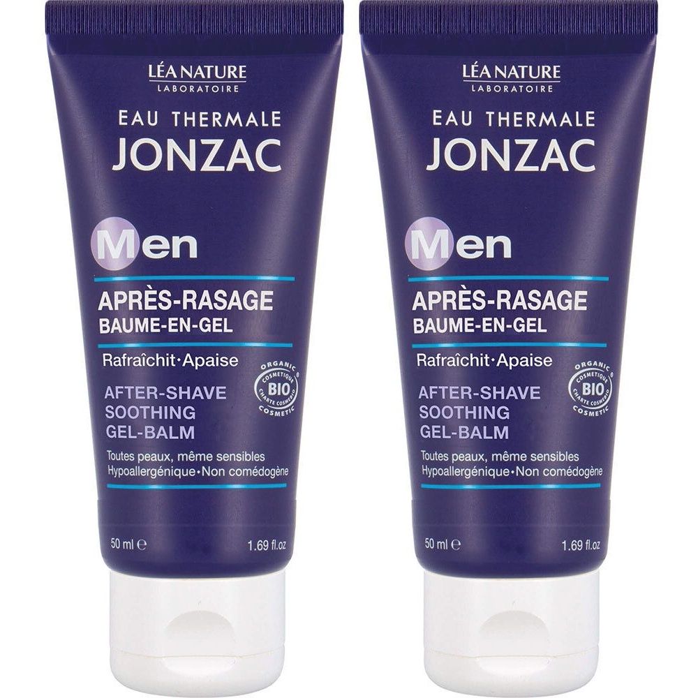 Twee tubes aftershave gel-balsem. Donkerblauwe tubes met witte tekst. Opschrift: Jonzac Men, Après-Rasage, Bio-certificering.
