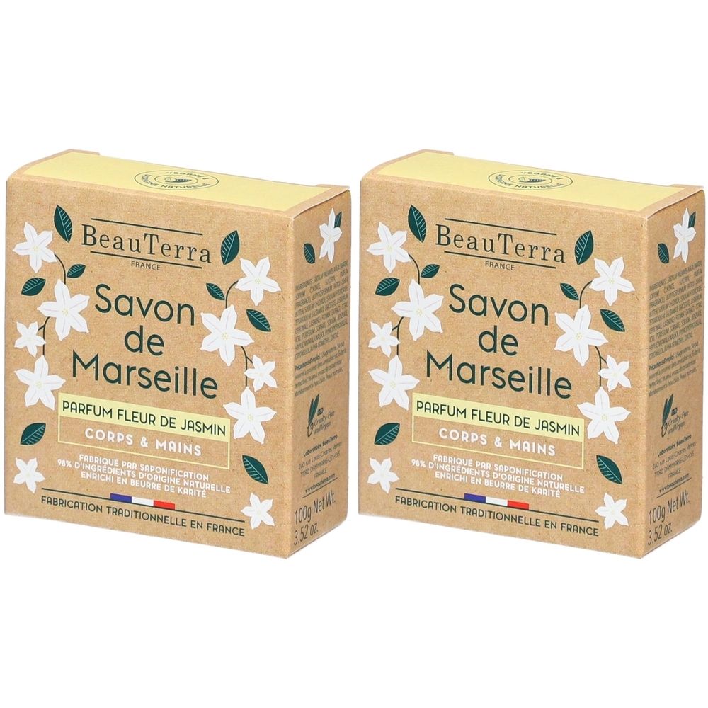 Deux boîtes rectangulaires avec motifs floraux. Inscription: BeauTerra Savon de Marseille, Parfum Fleur de Jasmin, Corps & Mains. Drapeau français.