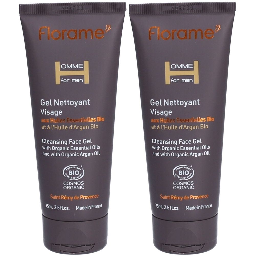 Twee tubes gezichtsreinigingsgel. Opschrift: Florame, OMME for men, Gel Nettoyant Visage, Cosmos Organic. 75ml.