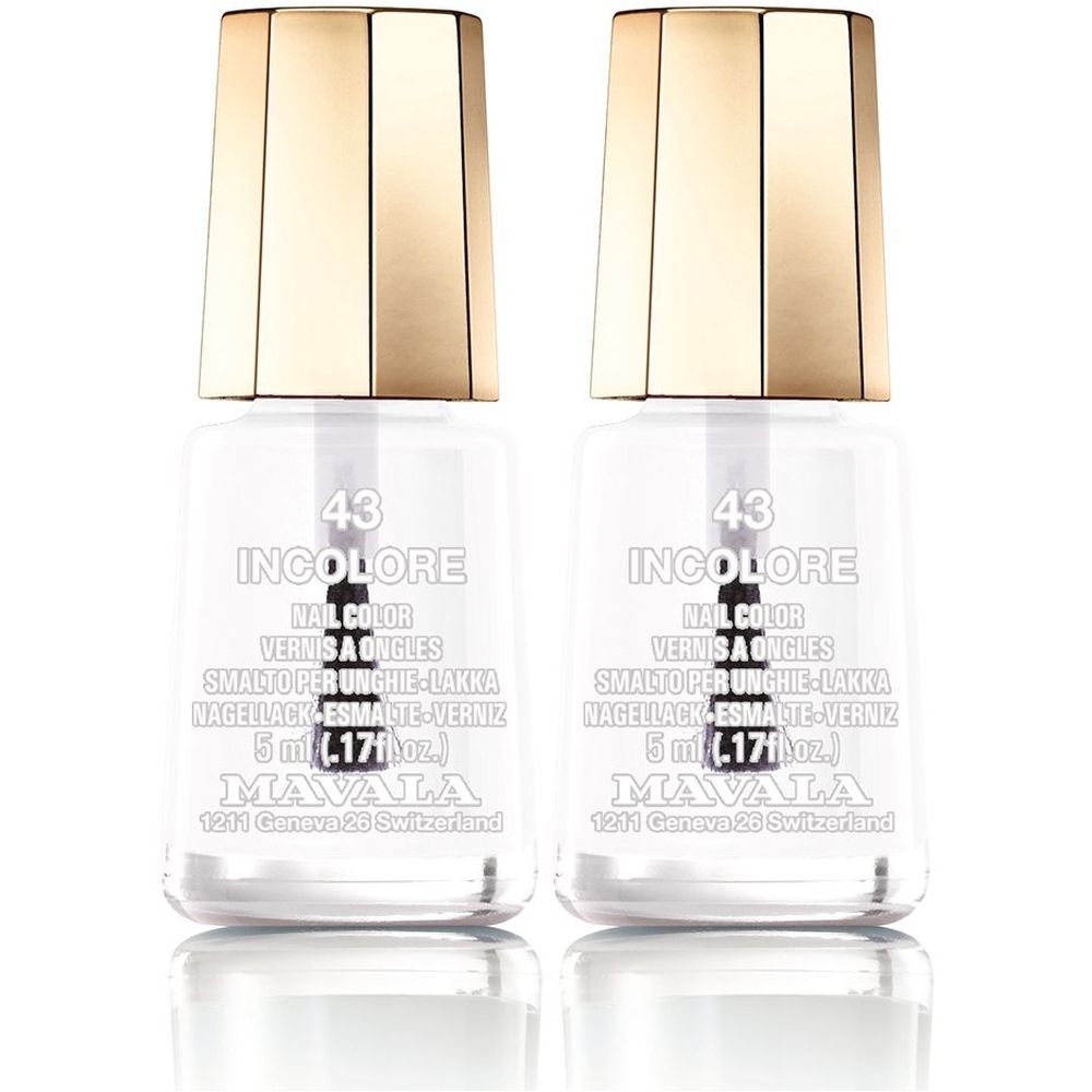 Twee flessen nagellak. Heldere vloeistof in glazen flessen met gouden doppen. Opschrift: INCOLORE, 5 ml, MAVALA.