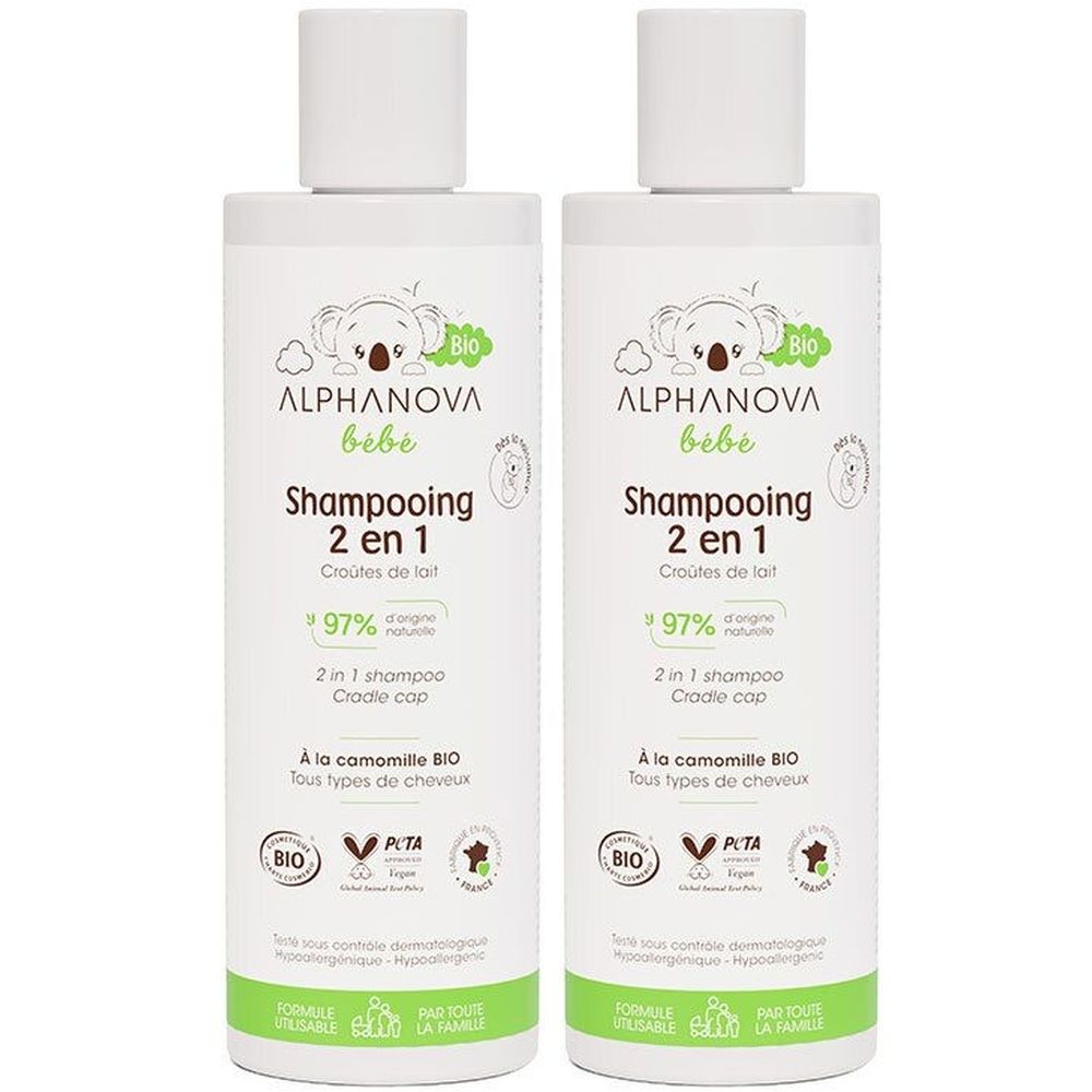 Deux flacons de shampooing ALPHANOVA Bébé 2 en 1. Étiquette blanche avec logo, texte et touches de vert. Certification bio.