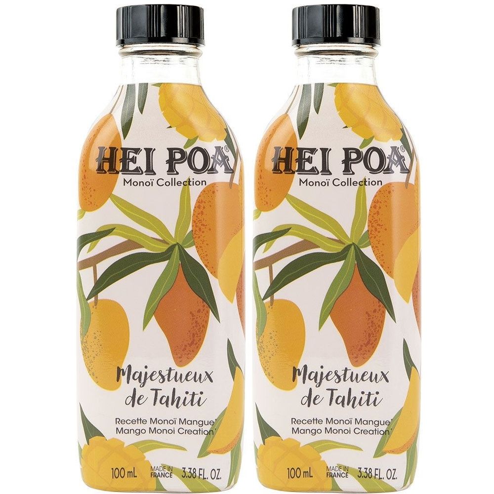 Deux bouteilles avec étiquettes. Inscription: HEI POA, Monoi Collection, Majestueux de Tahiti. Motif mangue, bouchon noir.