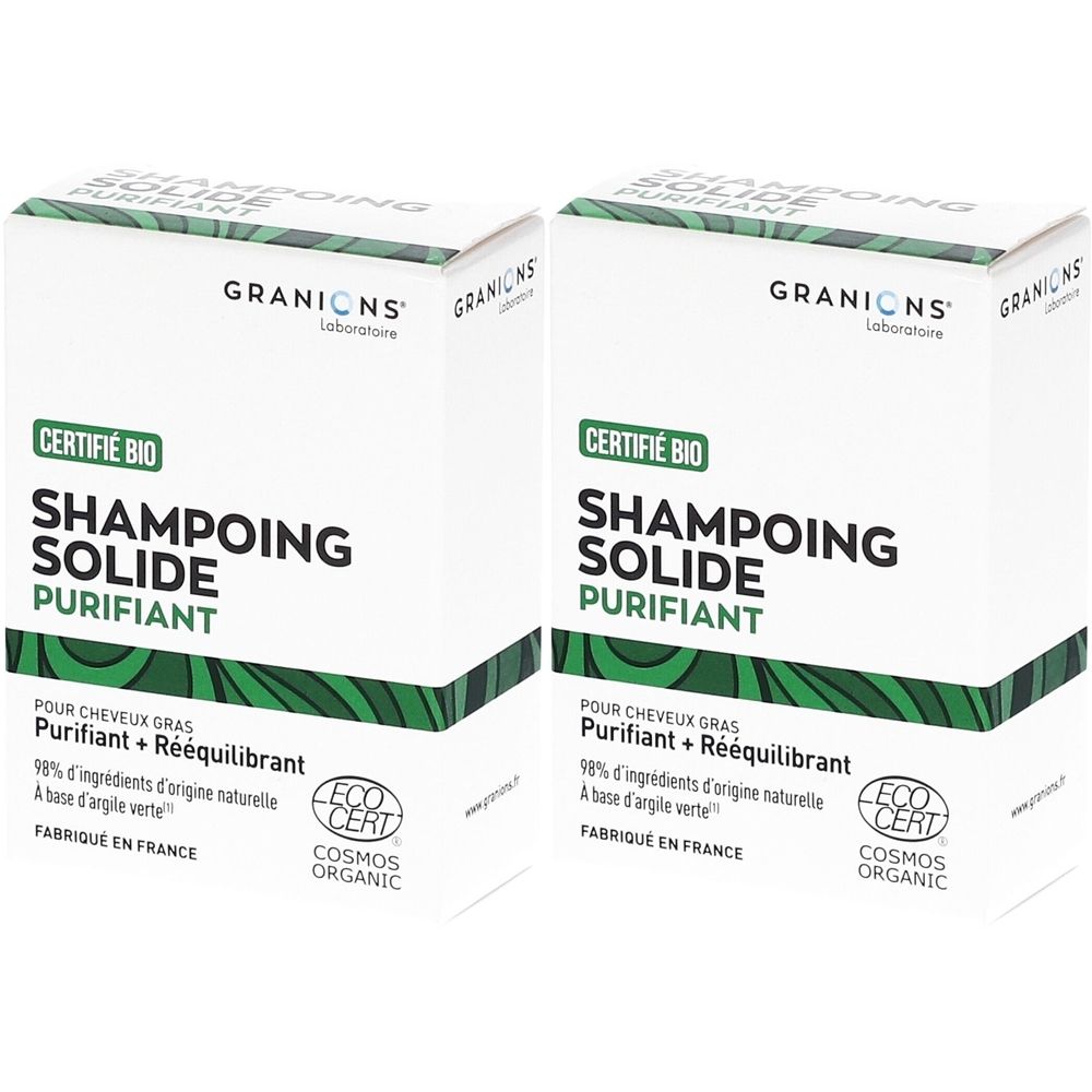 Twee witte dozen met groene accenten. Opschrift: SHAMPOING SOLIDE PURIFIANT, CERTIFIÉ BIO. Merk: GRANIONS. Met ECO CERT logo.