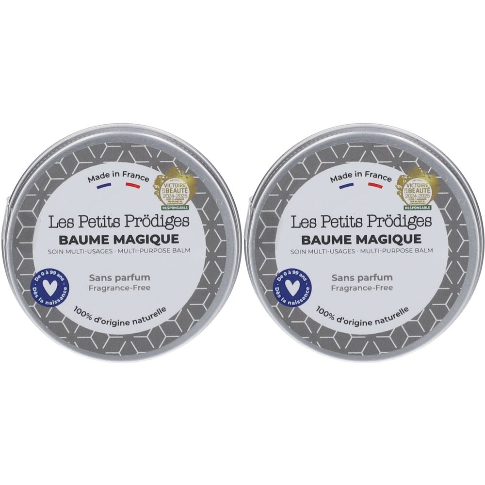 Twee zilverkleurige ronde potjes. Opschrift: Les Petits Prödiges, Baume Magique, Sans parfum, 100% d'origine naturelle. Gemaakt in Frankrijk.