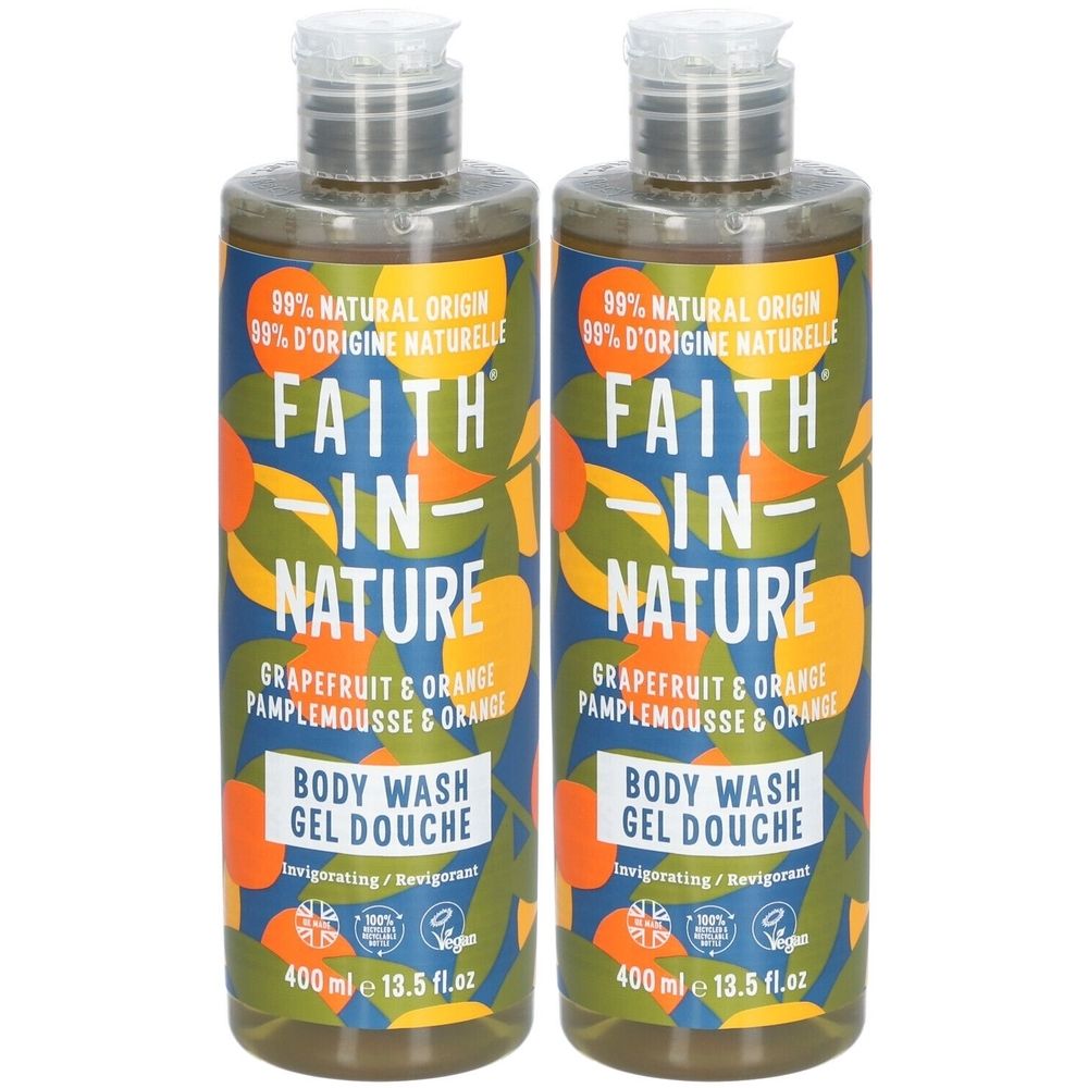 Deux flacons de gel douche FAITH IN NATURE. Inscription : Pamplemousse & Orange, 99% d'origine naturelle. 400 ml. Vegan.